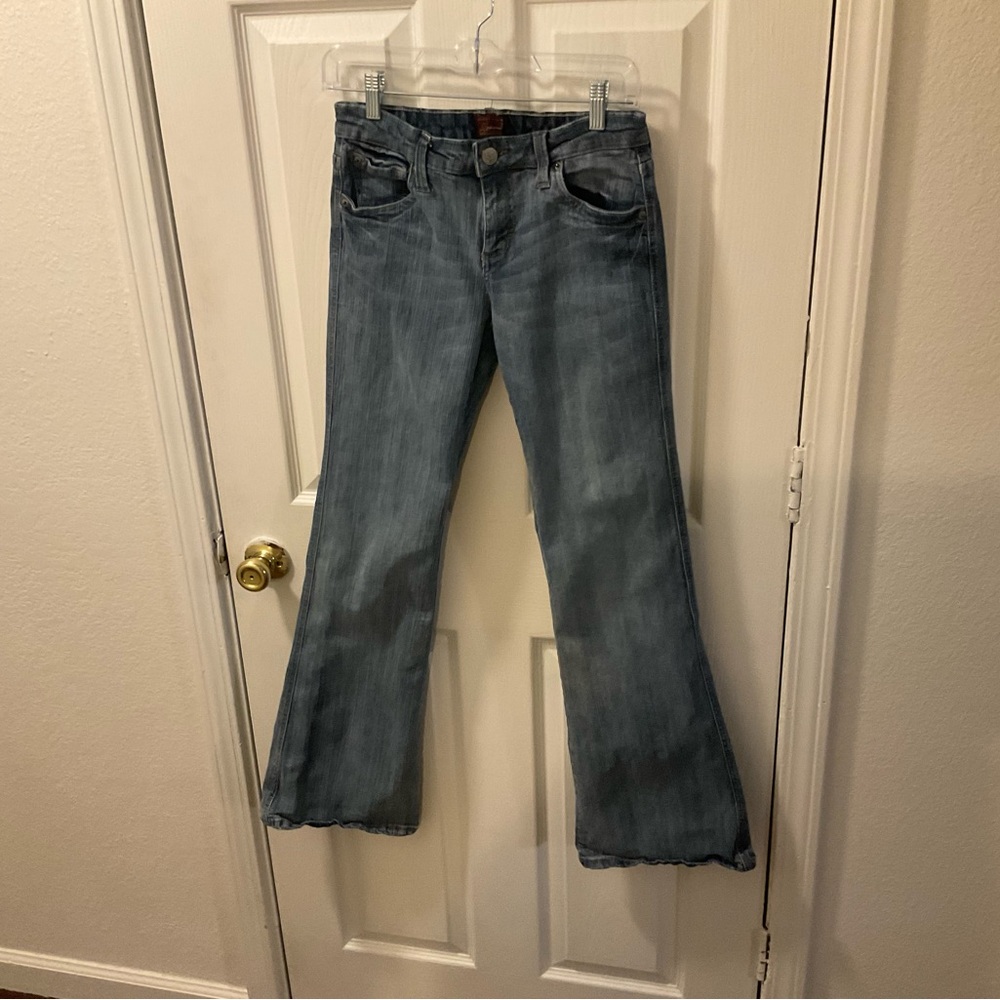 Blue Flare Wide Leg Jeans with Distressed Look